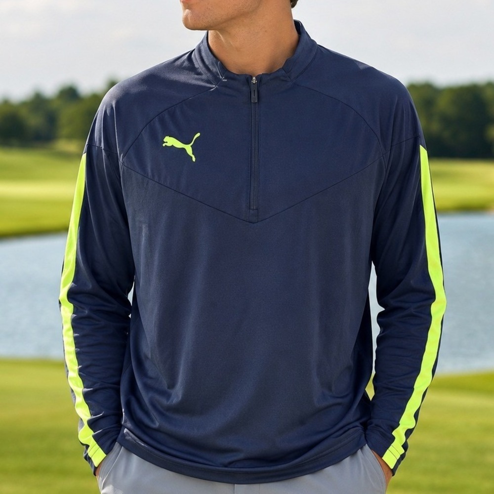 Puma Mens XXL DryCell Quarter Zip Pullover Navy Blue Lime Green Activewear Top